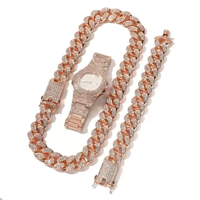 Iced Out Chain Paved Rhinestones Bling Watch Set for Men