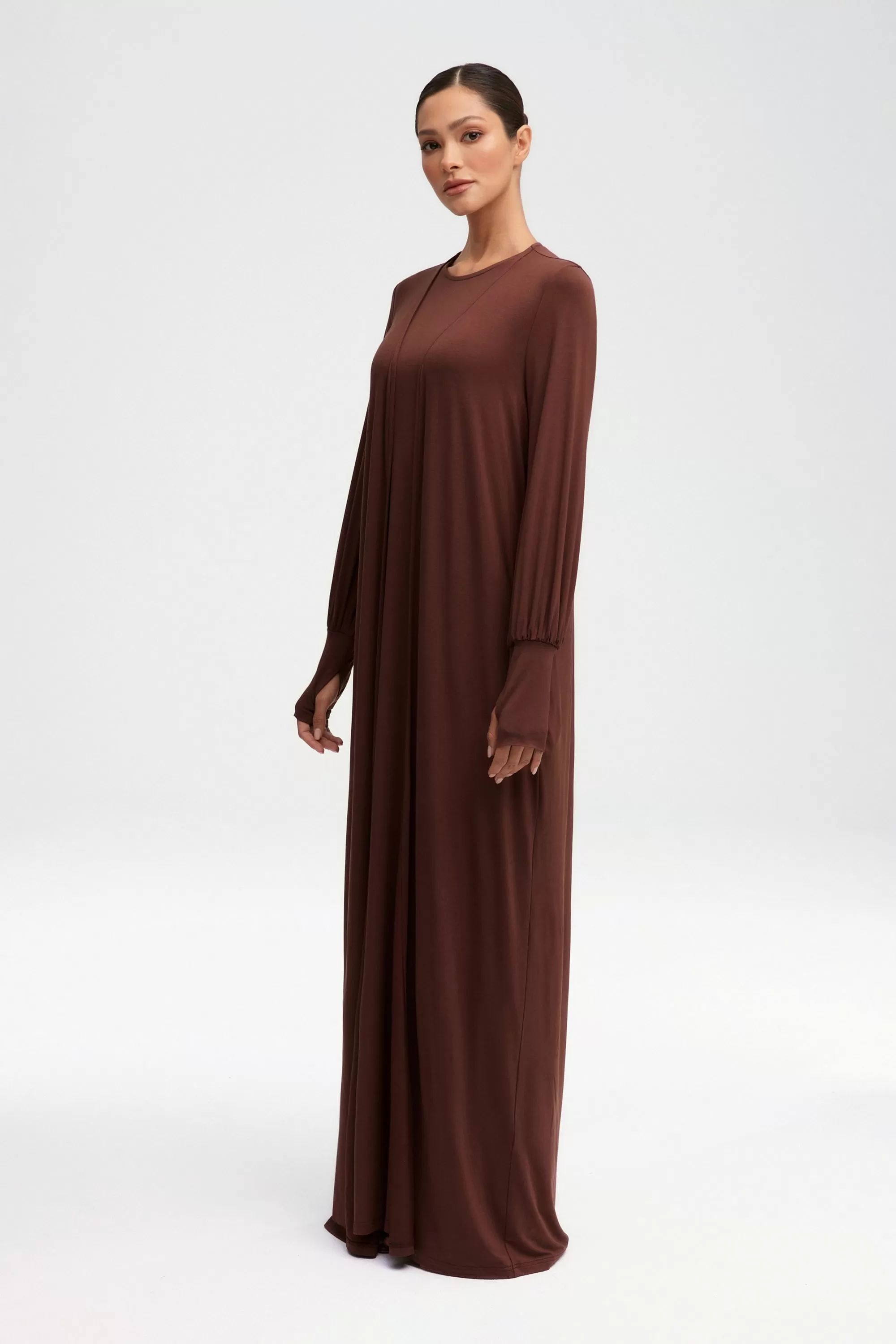 Jenin Jersey Open Abaya & Maxi Dress Set - Chocolate