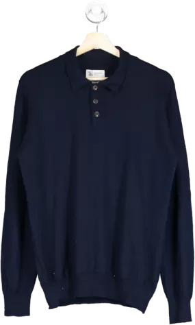 Johnstons of Elgin Blue Wool Longsleeve Polo Shirt UK S