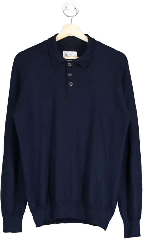 Johnstons of Elgin Blue Wool Longsleeve Polo Shirt UK S