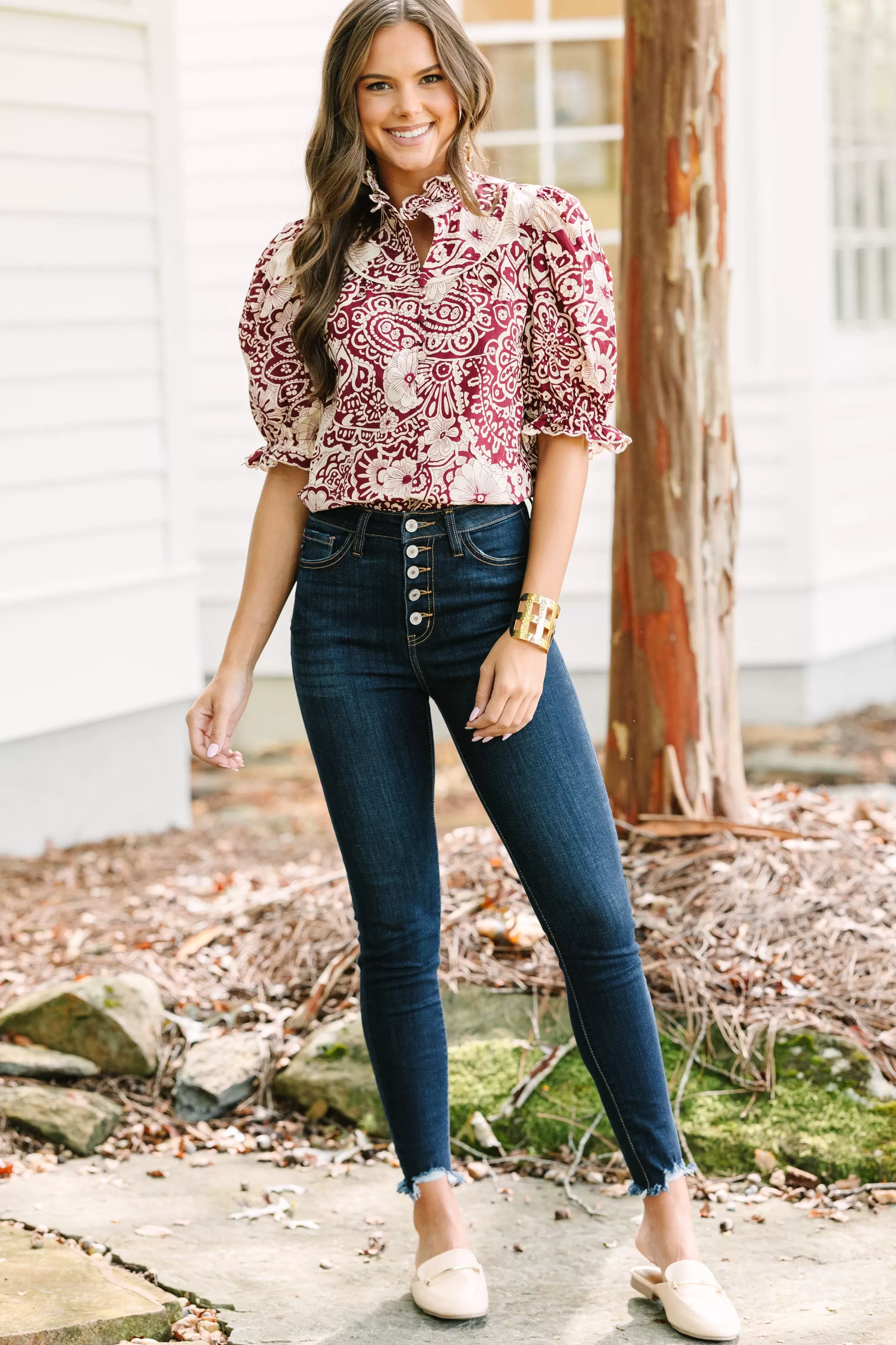 Keep It Up Sangria Red Floral Blouse