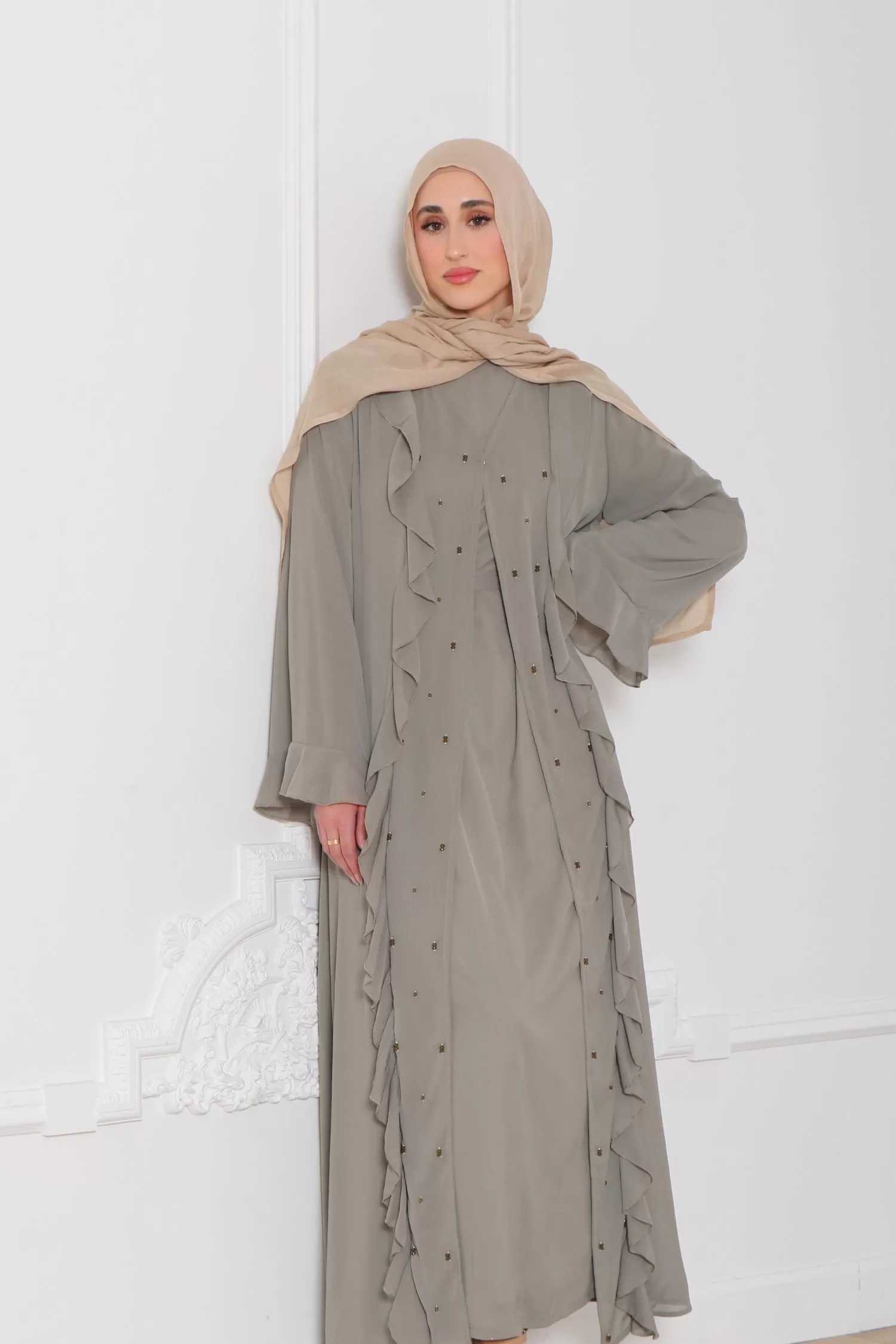 Lamya Beaded Chiffon Abaya Set- Desert Sage