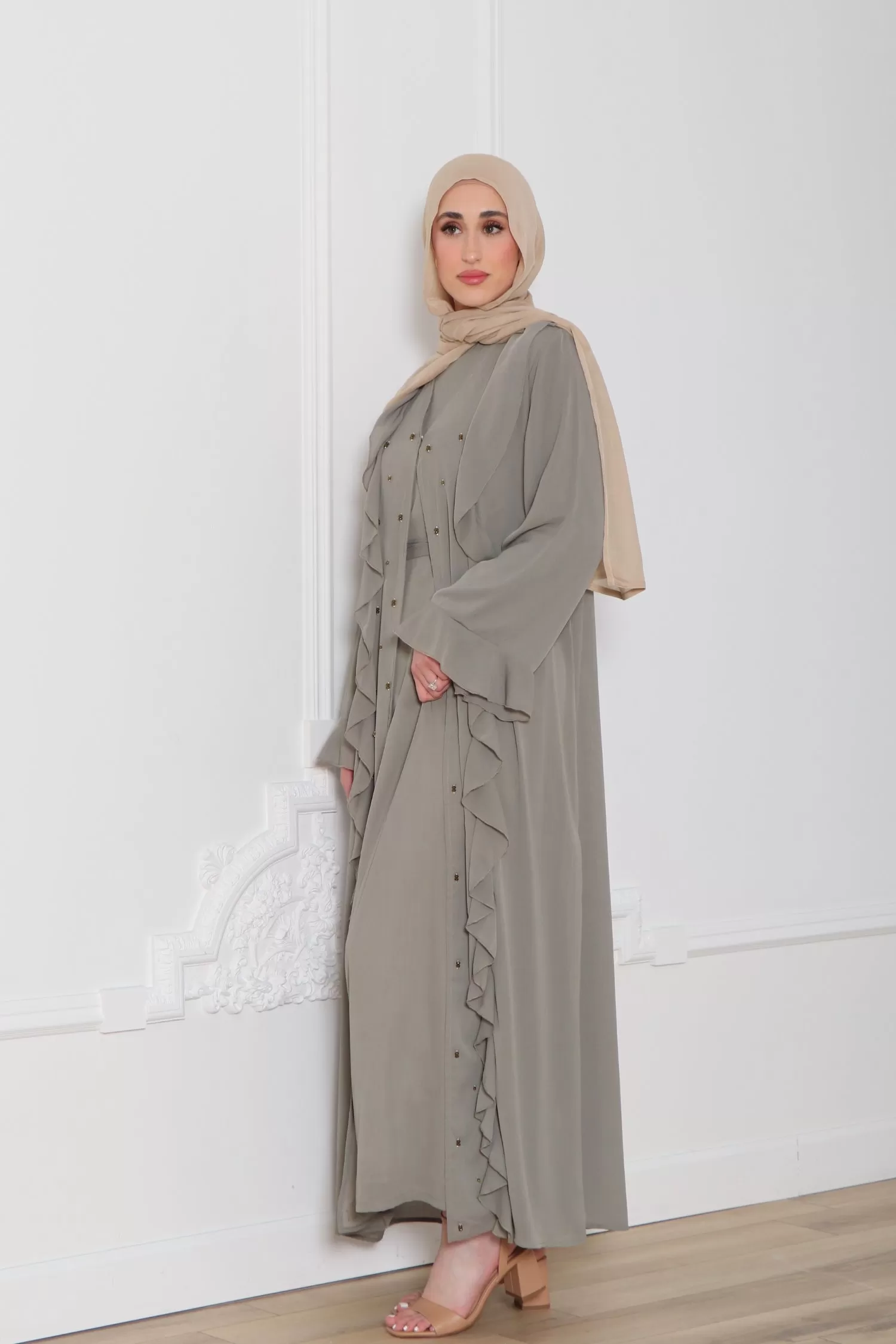 Lamya Beaded Chiffon Abaya Set- Desert Sage