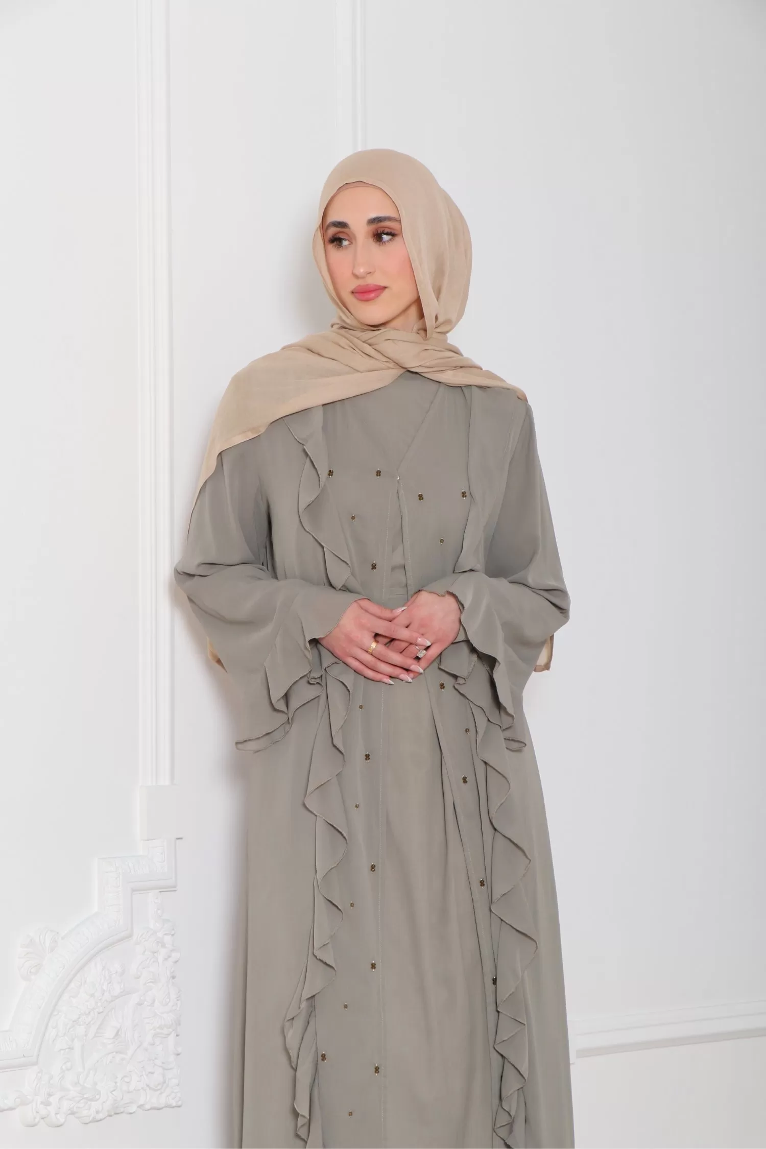 Lamya Beaded Chiffon Abaya Set- Desert Sage