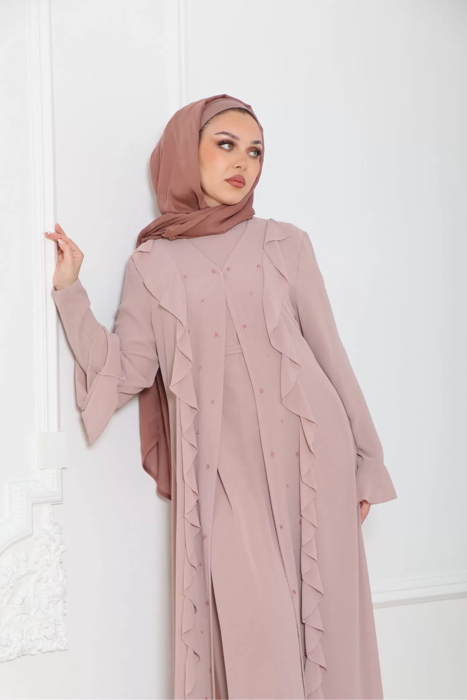 Lamya Beaded Chiffon Abaya Set- Dusty Rose