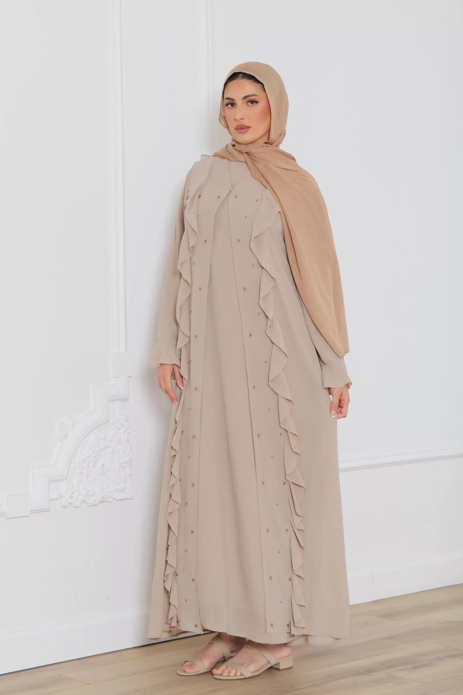 Lamya Beaded Chiffon Abaya Set- Sand