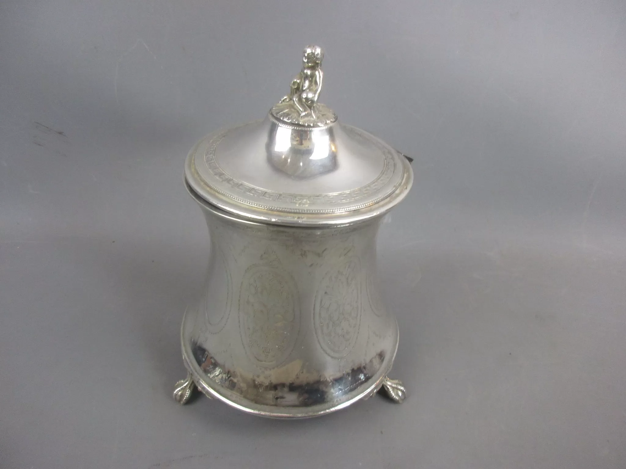 Large Three Footed Silver Plated Cherub Top Tea Caddy antique Victorian c1890