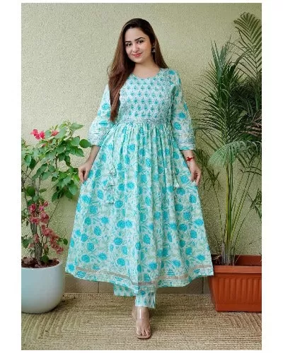 Light Blue Embroidered Cotton Anarkali Kurti Pant Set Of 2