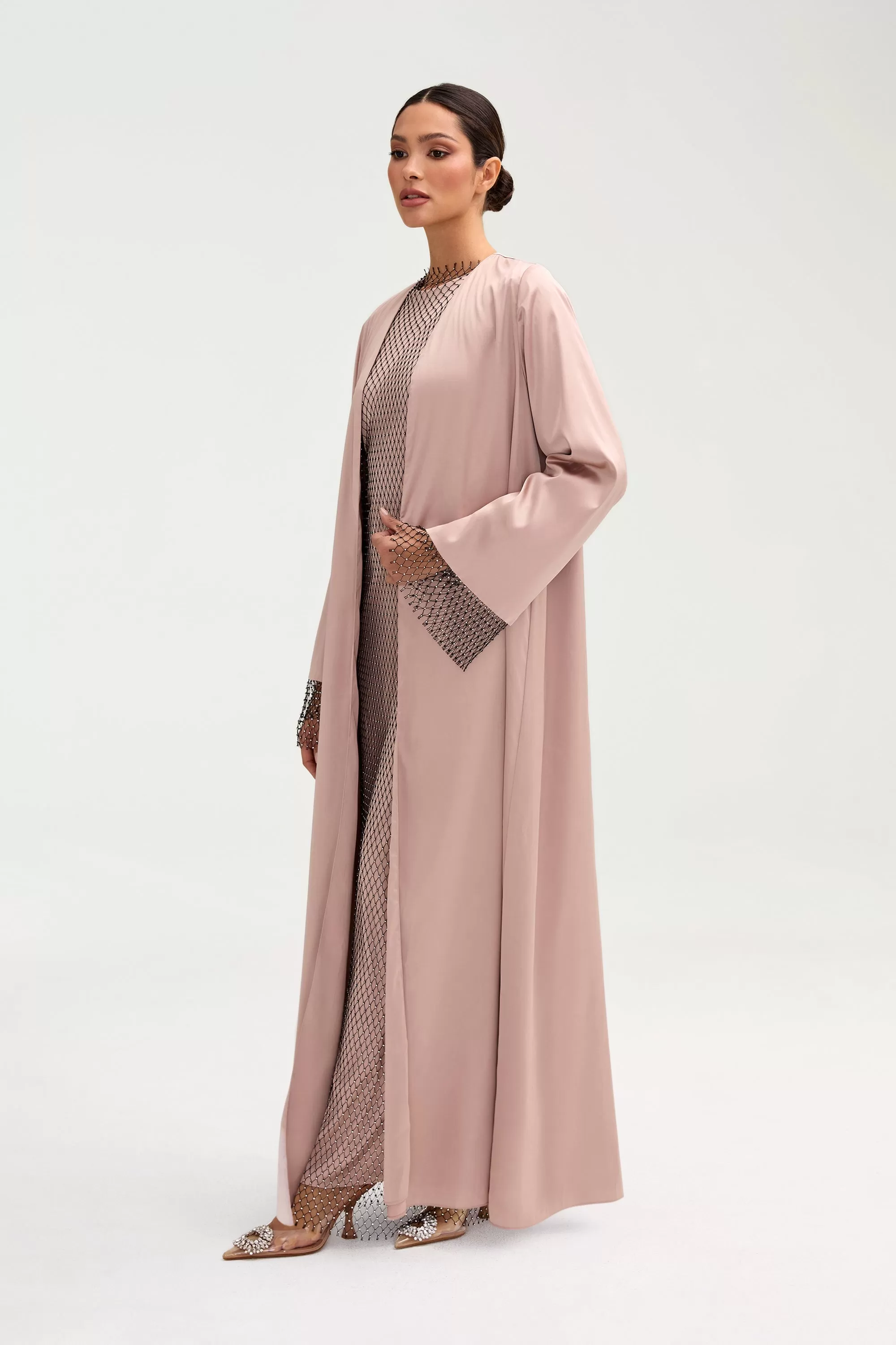 Lyana Crystal Mesh Satin Abaya - Pink Jasmine