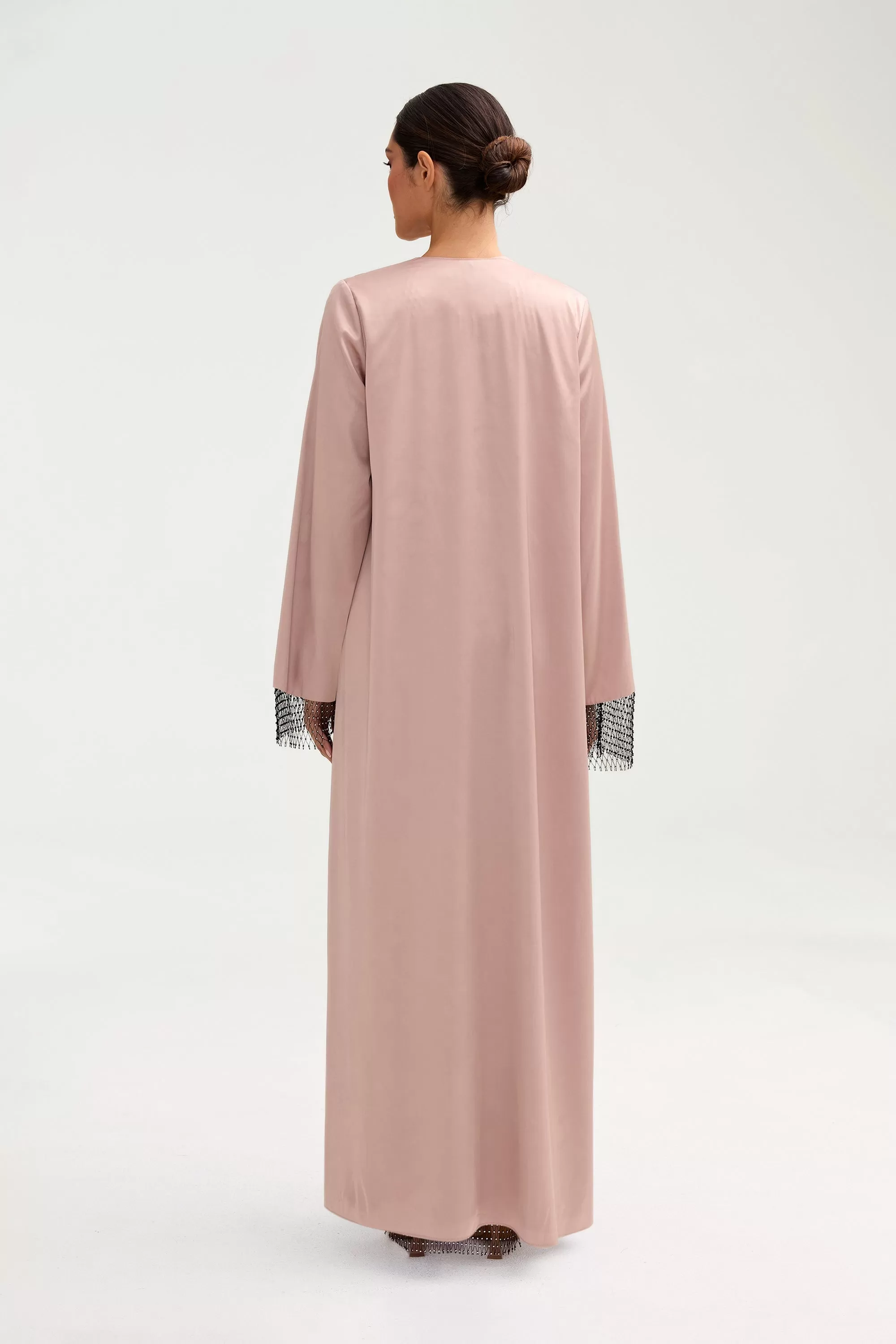 Lyana Crystal Mesh Satin Abaya - Pink Jasmine