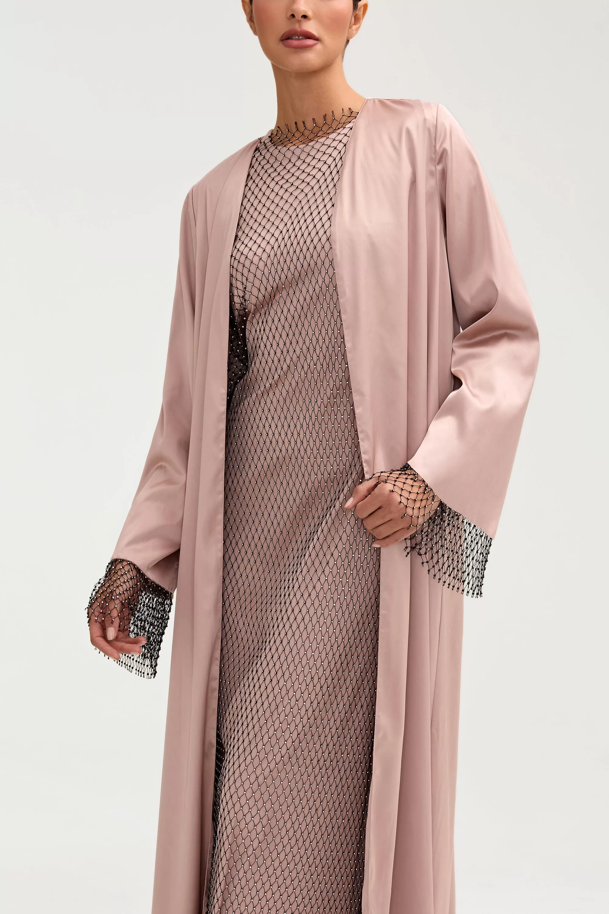 Lyana Crystal Mesh Satin Abaya - Pink Jasmine