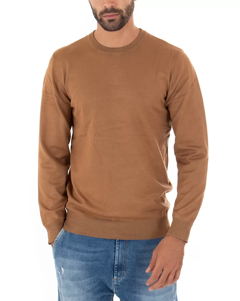 Maglioncino Uomo Casual Maglia Girocollo Tinta Unita Basic Camel GIOSAL-M2499A