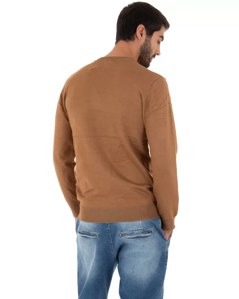 Maglioncino Uomo Casual Maglia Girocollo Tinta Unita Basic Camel GIOSAL-M2499A