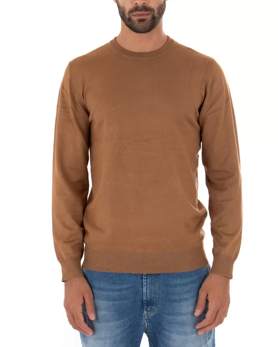 Maglioncino Uomo Casual Maglia Girocollo Tinta Unita Basic Camel GIOSAL-M2499A