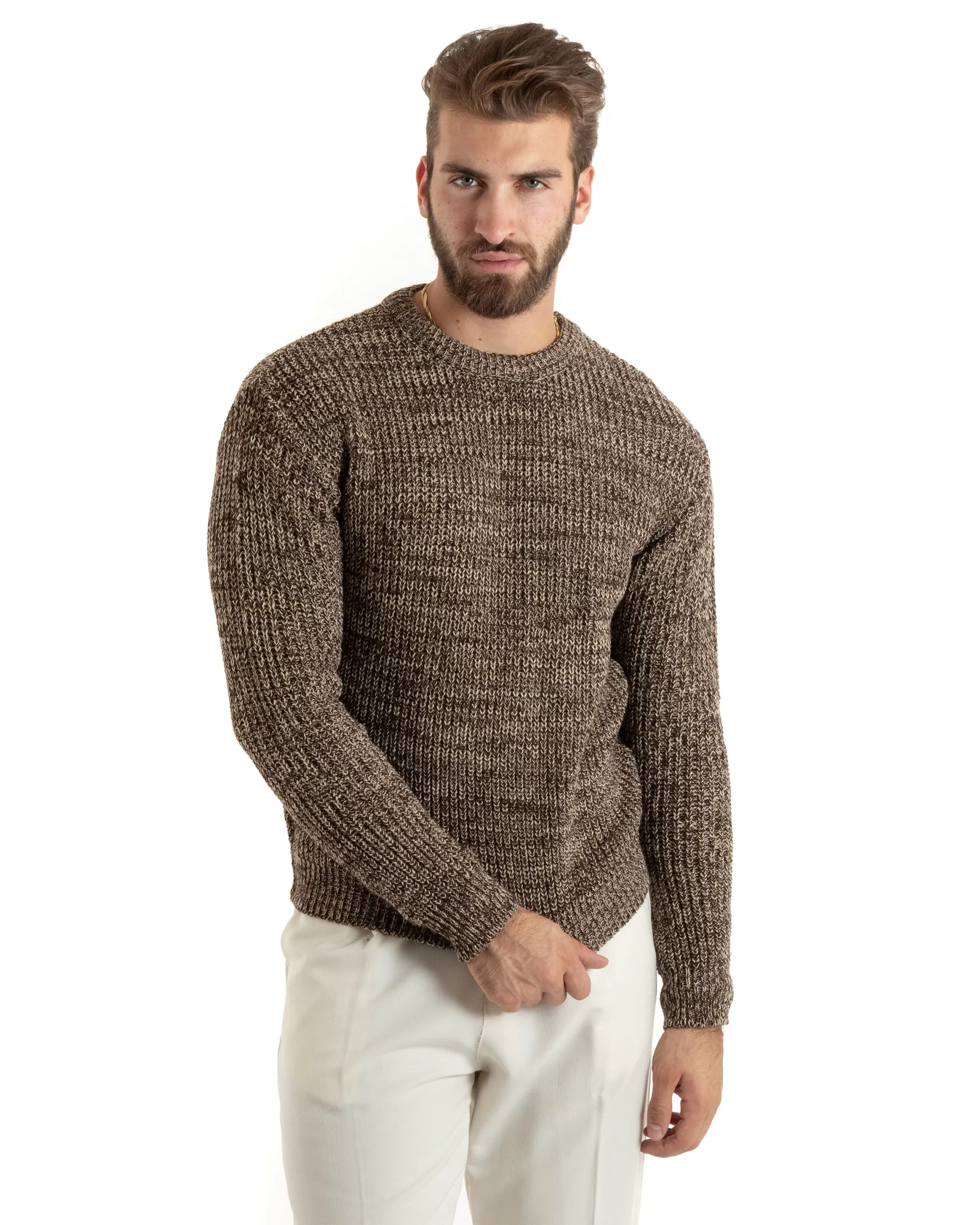 Maglioncino Uomo Girocollo Tinta Unita Beige Melangiato Maglia Inglese Basic GIOSAL-M2764A