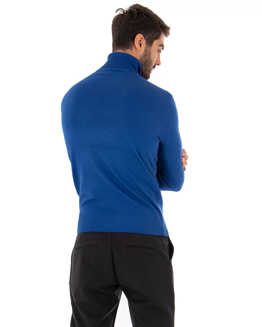 Maglioncino Uomo Maglia Maniche Lunghe Collo Alto Elastico Tinta Unita Blu Royal GIOSAL-M2547A