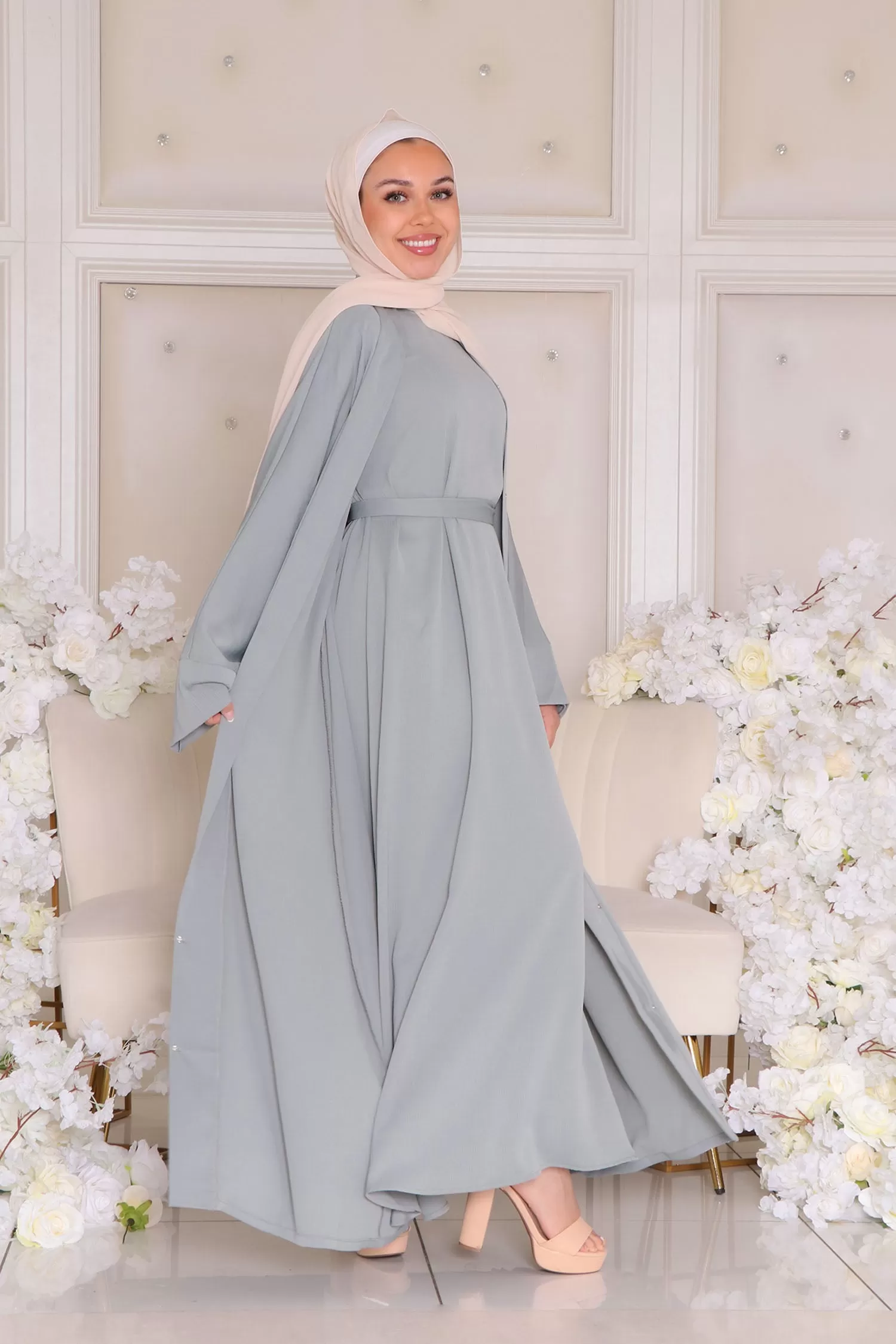 Mariah Textured Essential Open Abaya- Mint Gray