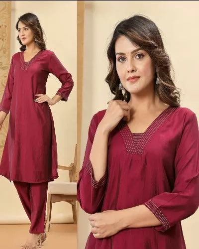 Maroon A-Line Rayon Kurti Pant Set Of 2