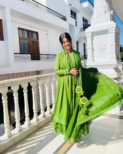 Mehandi Green Georgette  Readymade Anarkali Kurti Dupatta Set