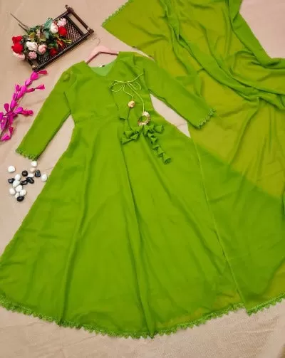 Mehandi Green Georgette  Readymade Anarkali Kurti Dupatta Set