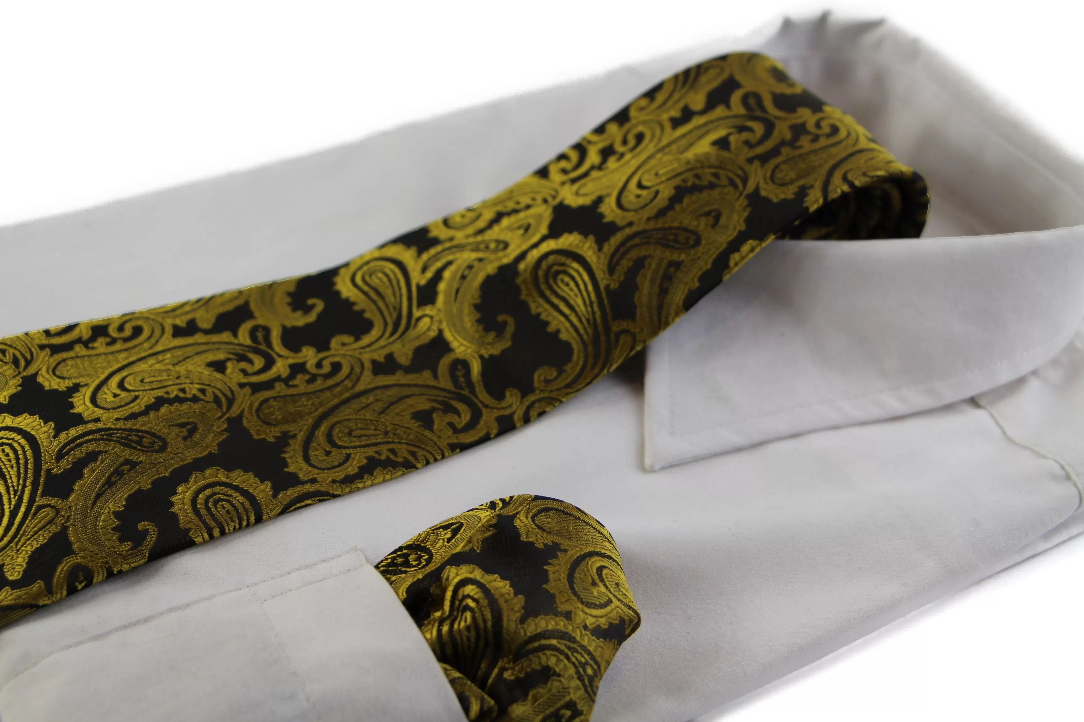 Mens Black & Mustard Gold Paisley Patterned Neck Tie & Matching Pocket Square Set