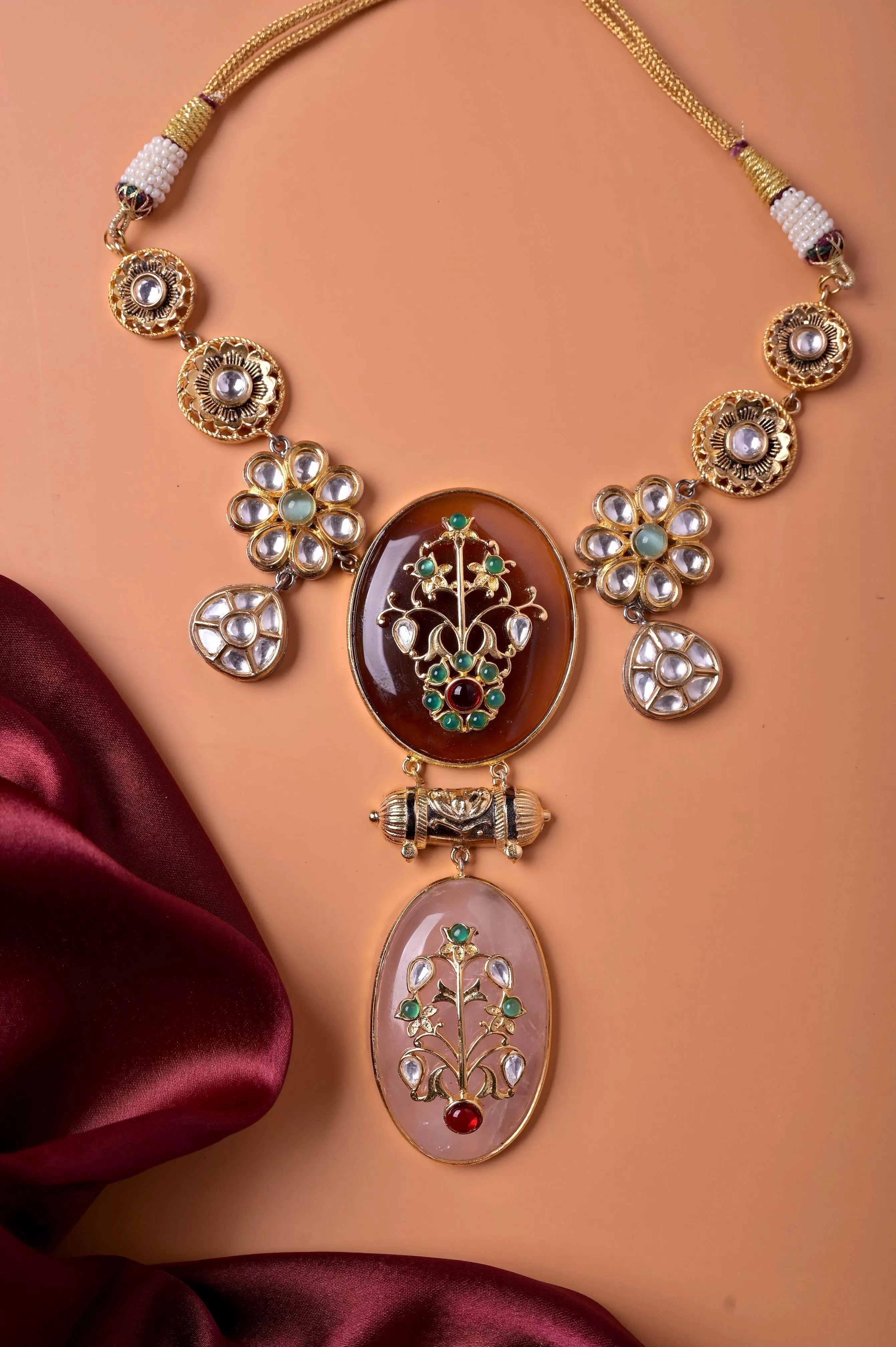 Monalisa Stonework Collar Style Kundan necklace Set with Meenakari Work