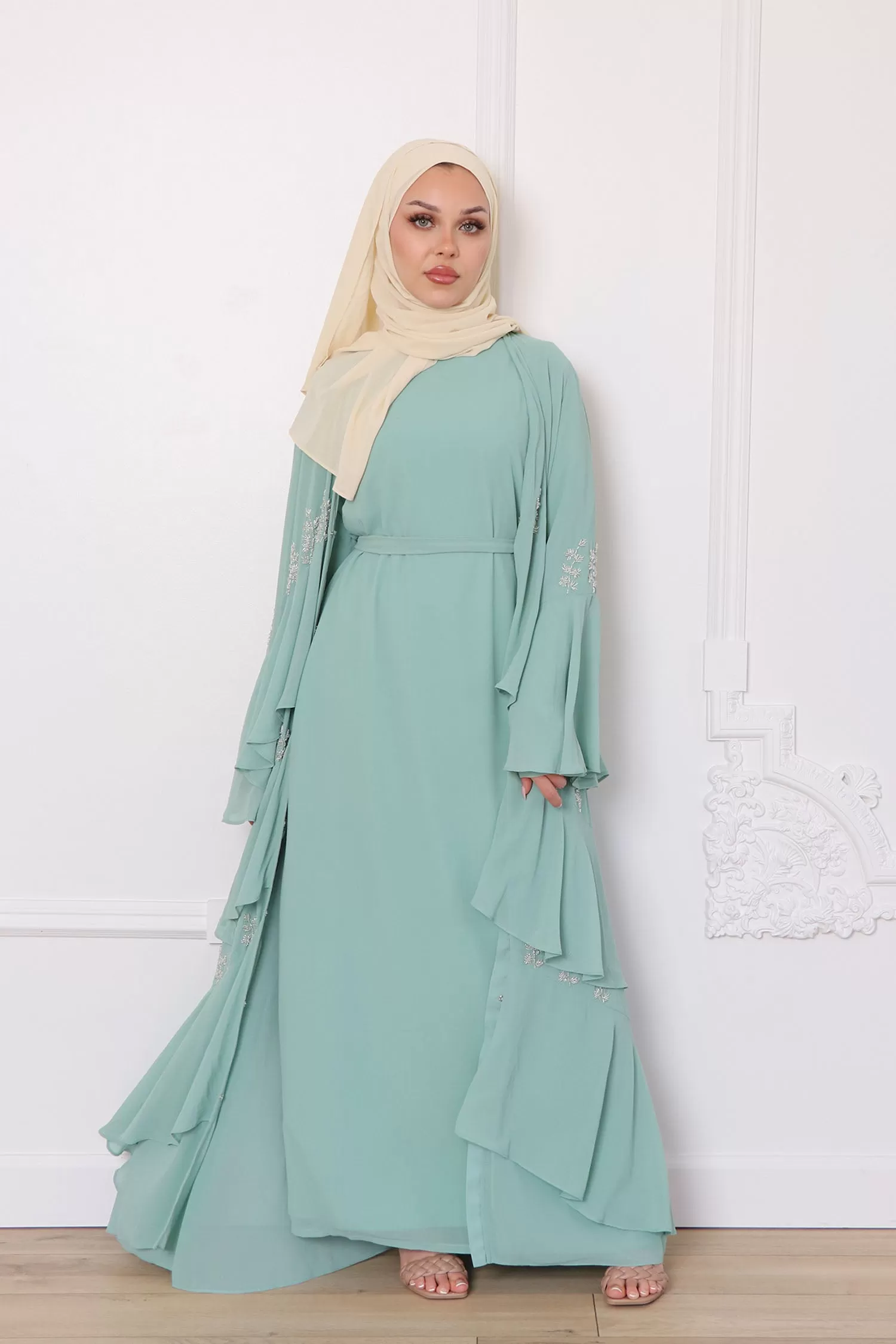 Mouna Chiffon Layered Abaya - Mint