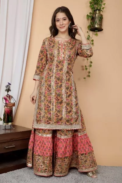 Mustard Cotton Zari Kurti Gharara Suit