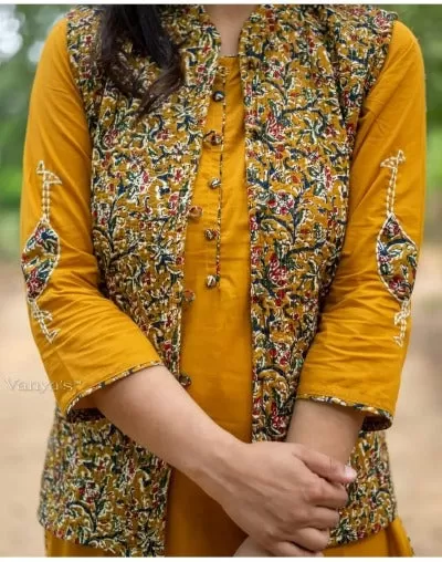 Mustard Yellow Quilted Jacket Cotton Kurti Pant Set of 3