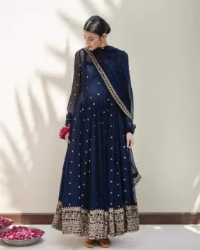 Navy Blue Georgette Sequence Work Anarkali Gown With Dupatta Set 0f 2