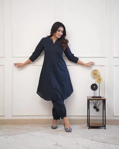 Navy Blue Monochrome Cotton Kurti With Afghani Pant Set