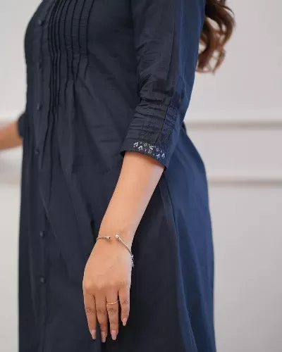 Navy Blue Monochrome Cotton Kurti With Afghani Pant Set