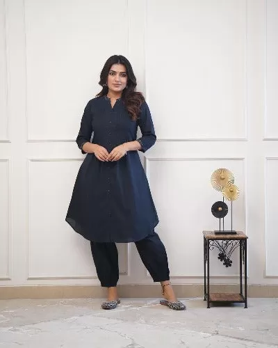 Navy Blue Monochrome Cotton Kurti With Afghani Pant Set