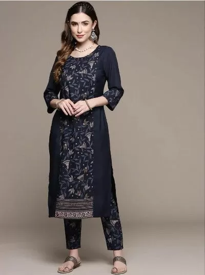 Navy Blue Rayon Foil Print Kurti Pant Set Of 2