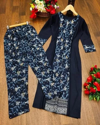 Navy Blue Rayon Foil Print Kurti Pant Set Of 2