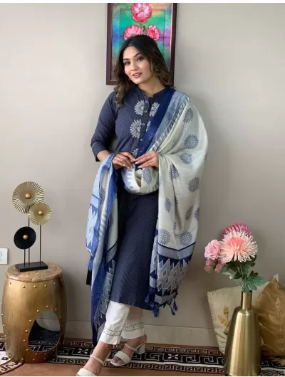 Navy Blue White Kurta, Pant with Dupatta Set of 3