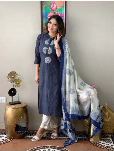 Navy Blue White Kurta, Pant with Dupatta Set of 3