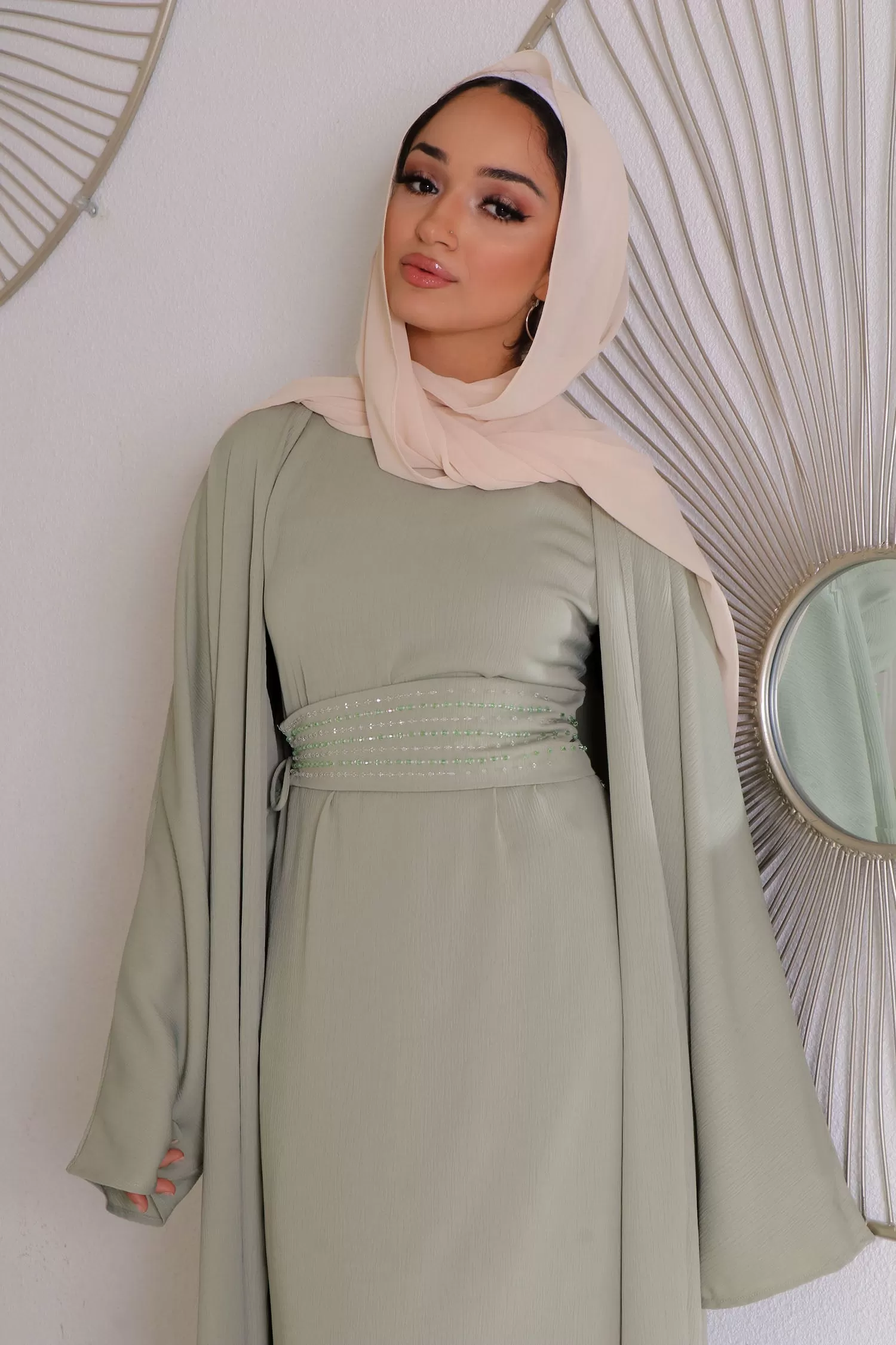 Nia Textured Corset Abaya Set- Light Sage Green