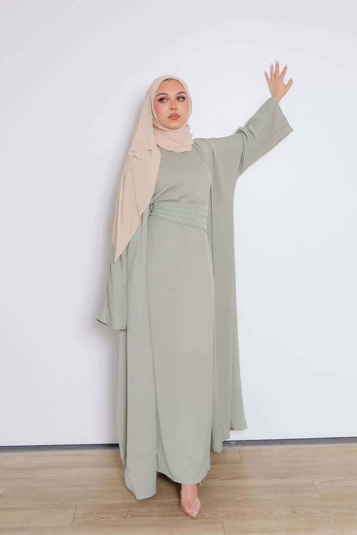 Nia Textured Corset Abaya Set- Light Sage Green