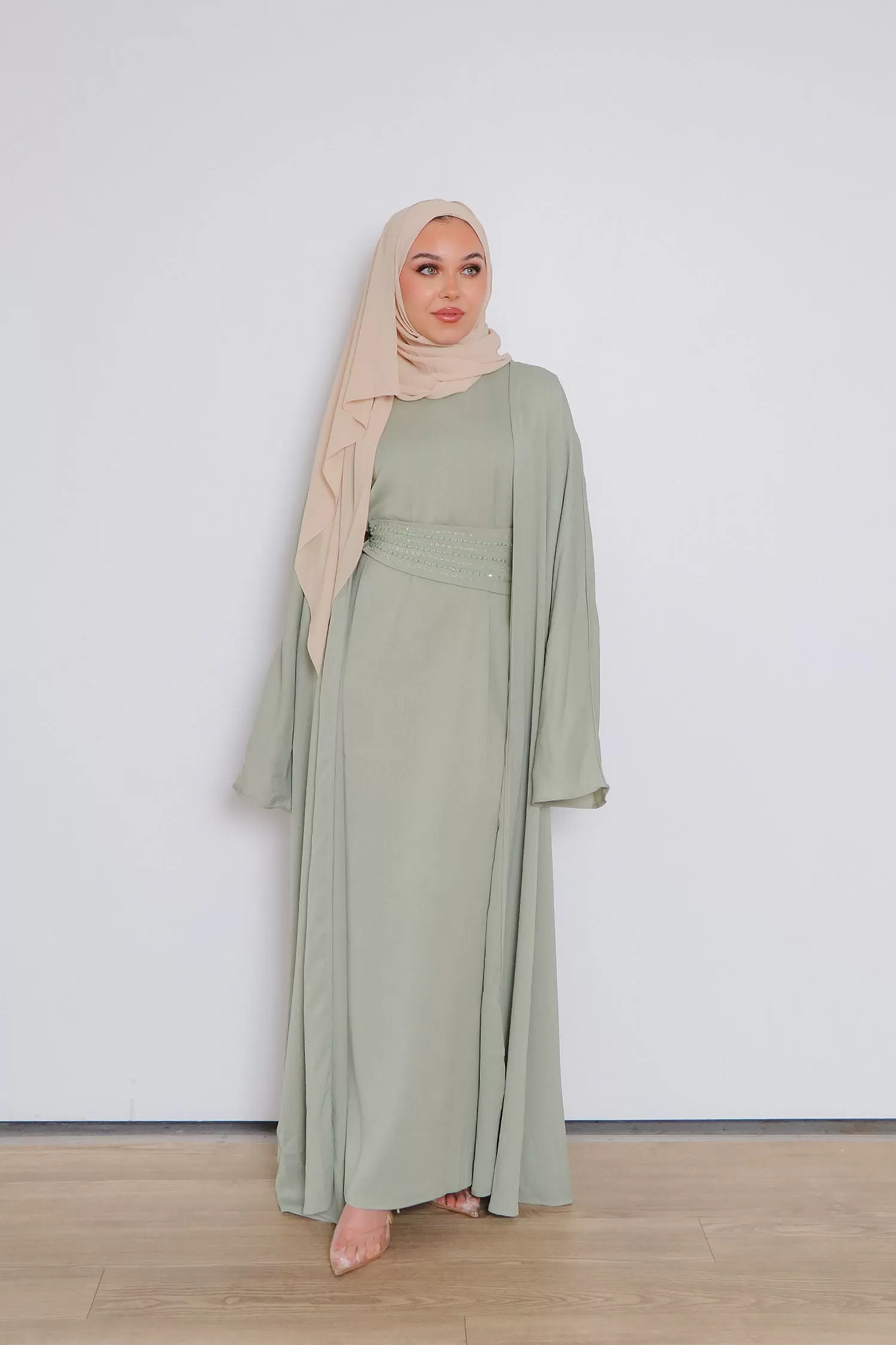 Nia Textured Corset Abaya Set- Light Sage Green