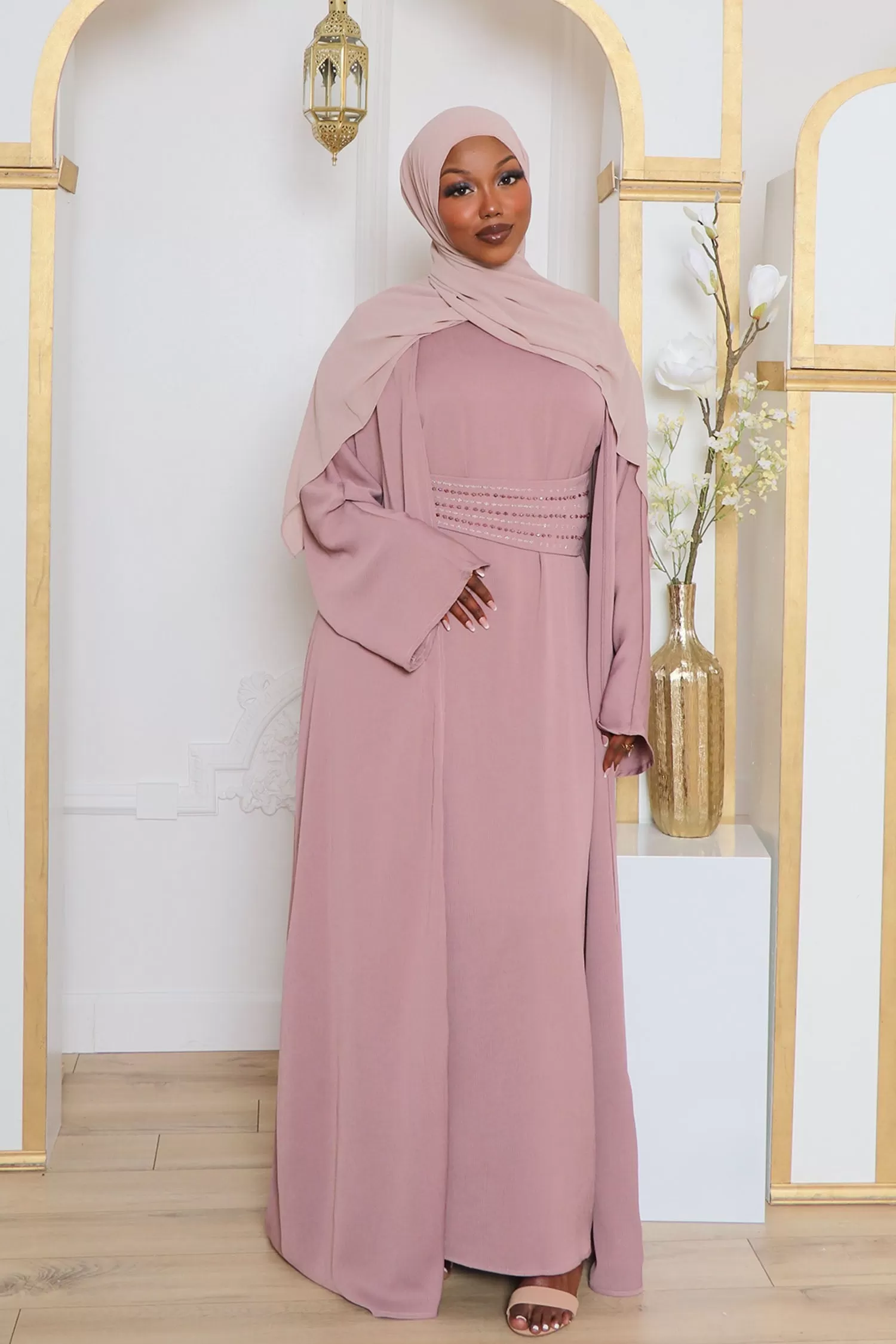 Nia Textured Corset Abaya Set- Rose Pink