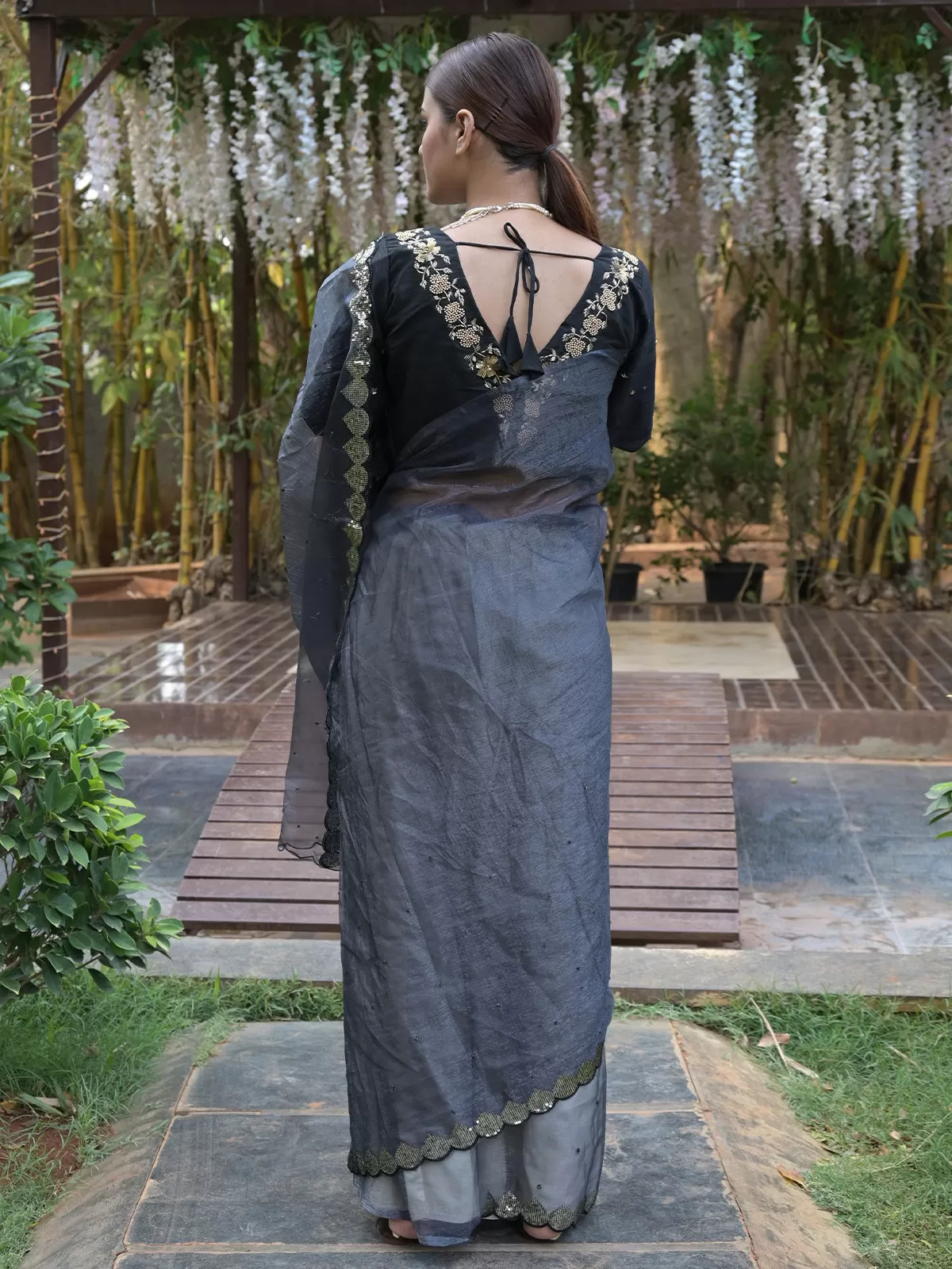 Odette Black Beads Embroidered Organza Saree with Unstitched Blouse for Women