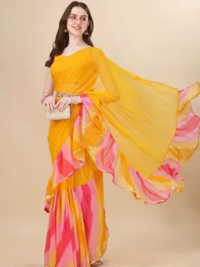 Odette Designer Yellow Printed Ruffle Saree with Unstitched Blouse for Women