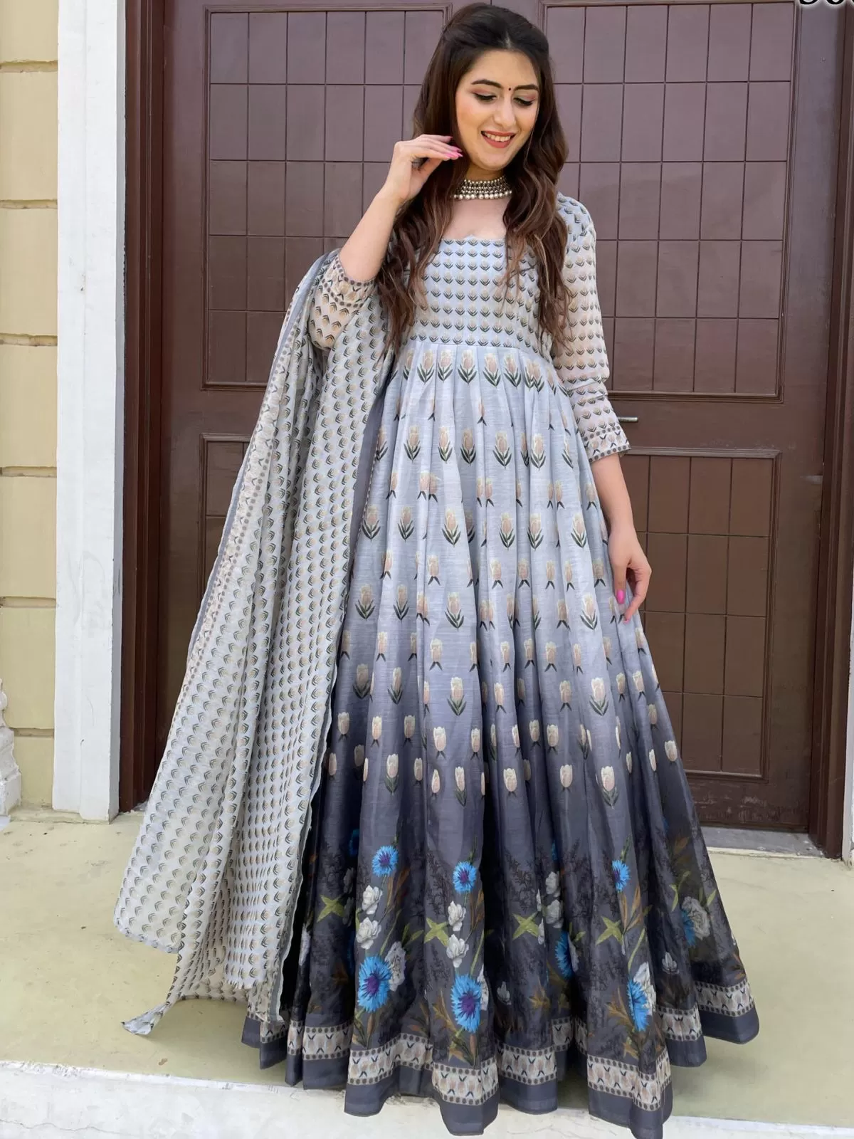 Odette Grey Chanderi Printed Gown with Dupatta For Women