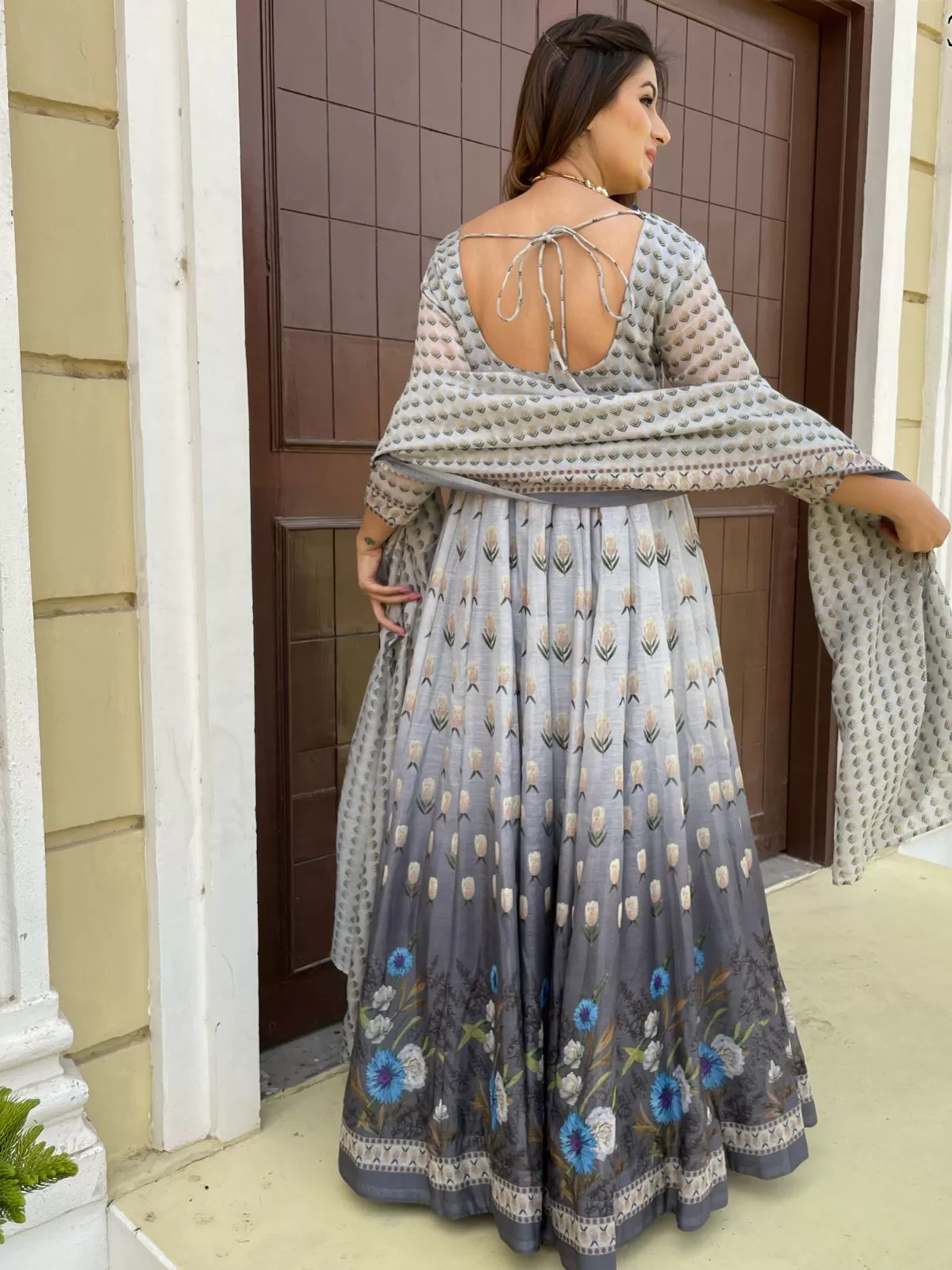 Odette Grey Chanderi Printed Gown with Dupatta For Women