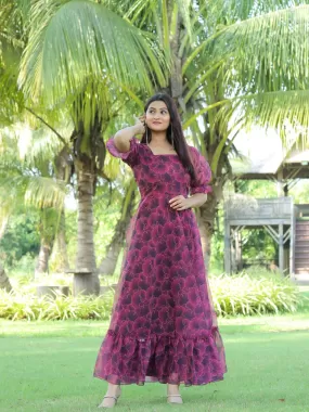 Odette Magenta Georgette Stitched Printed Indo Western Dress For Women