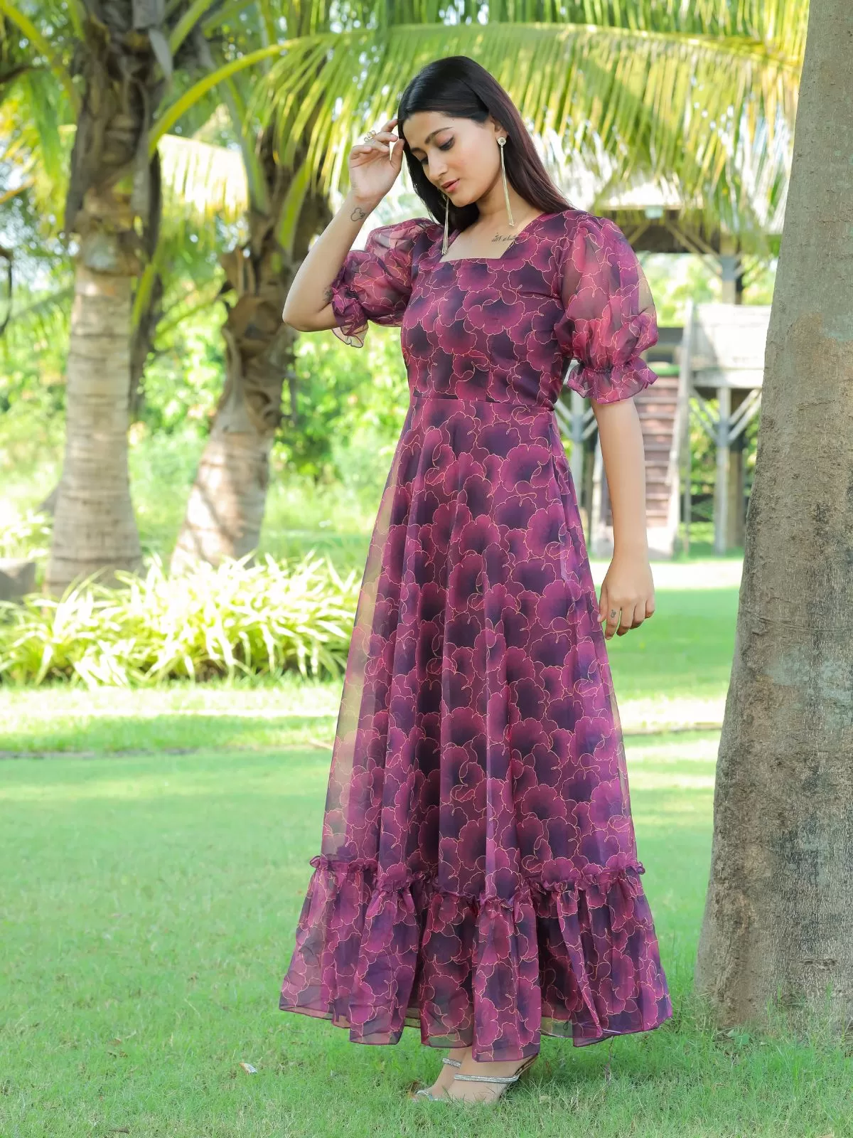 Odette Magenta Georgette Stitched Printed Indo Western Dress For Women