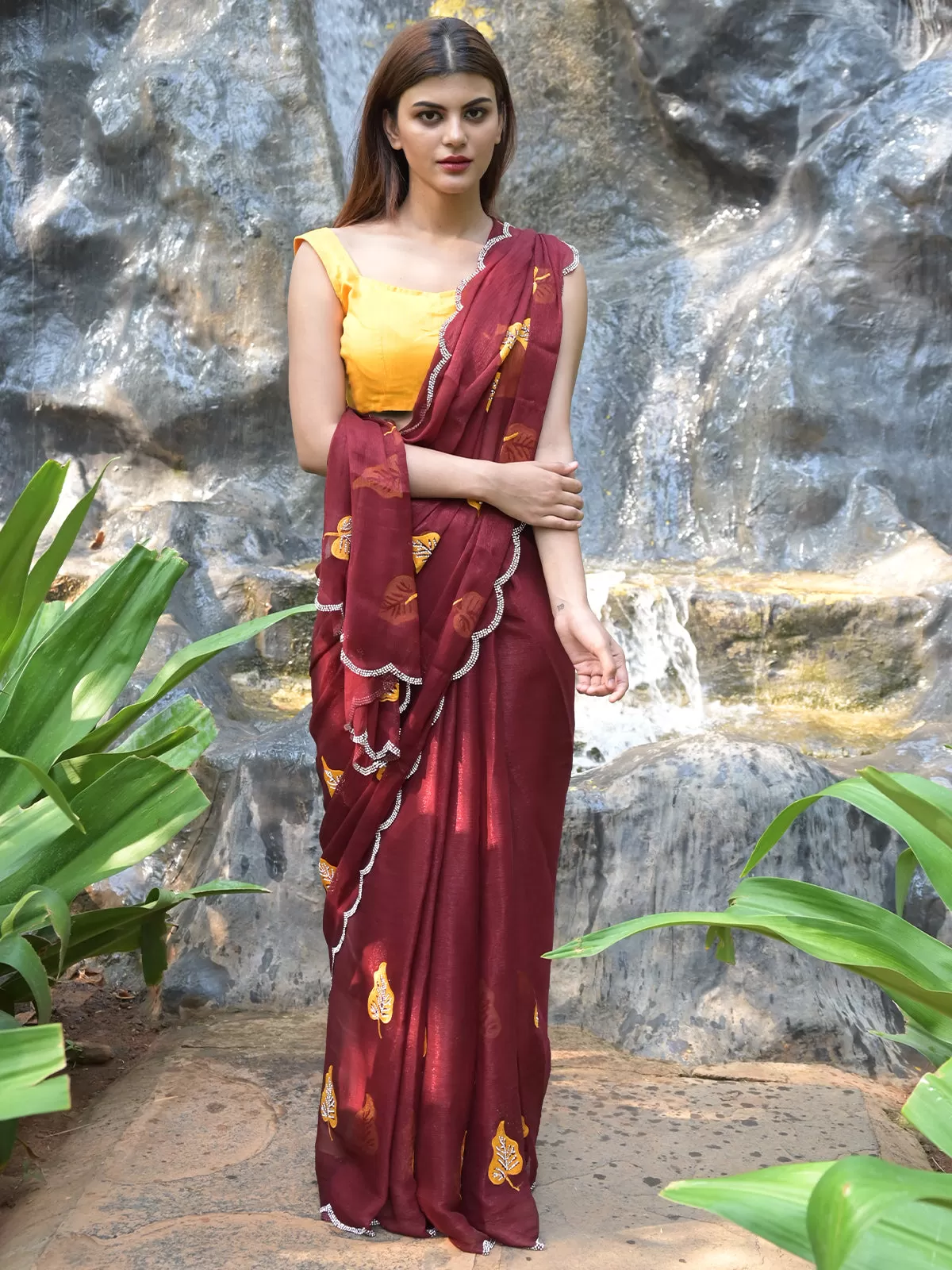 Odette Maroon Embroidered Chiffon Silk Saree with Unstitched Blouse for Women