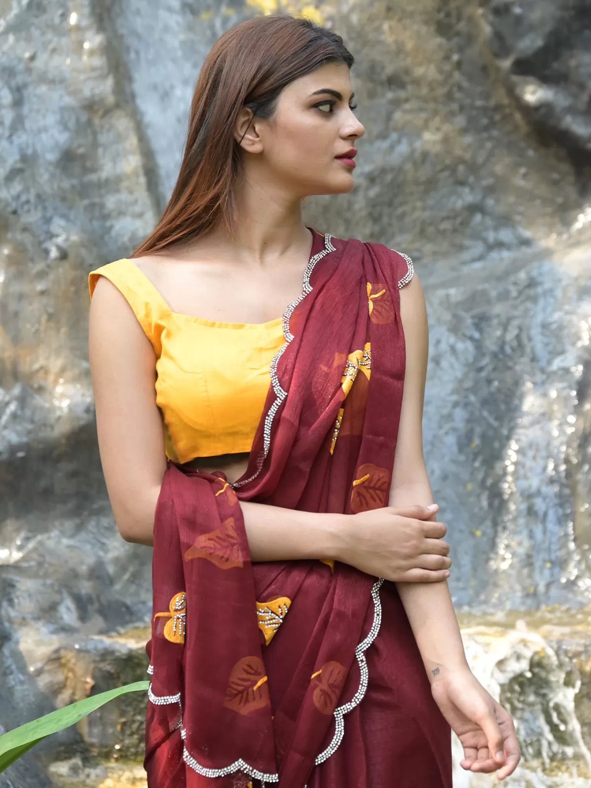 Odette Maroon Embroidered Chiffon Silk Saree with Unstitched Blouse for Women