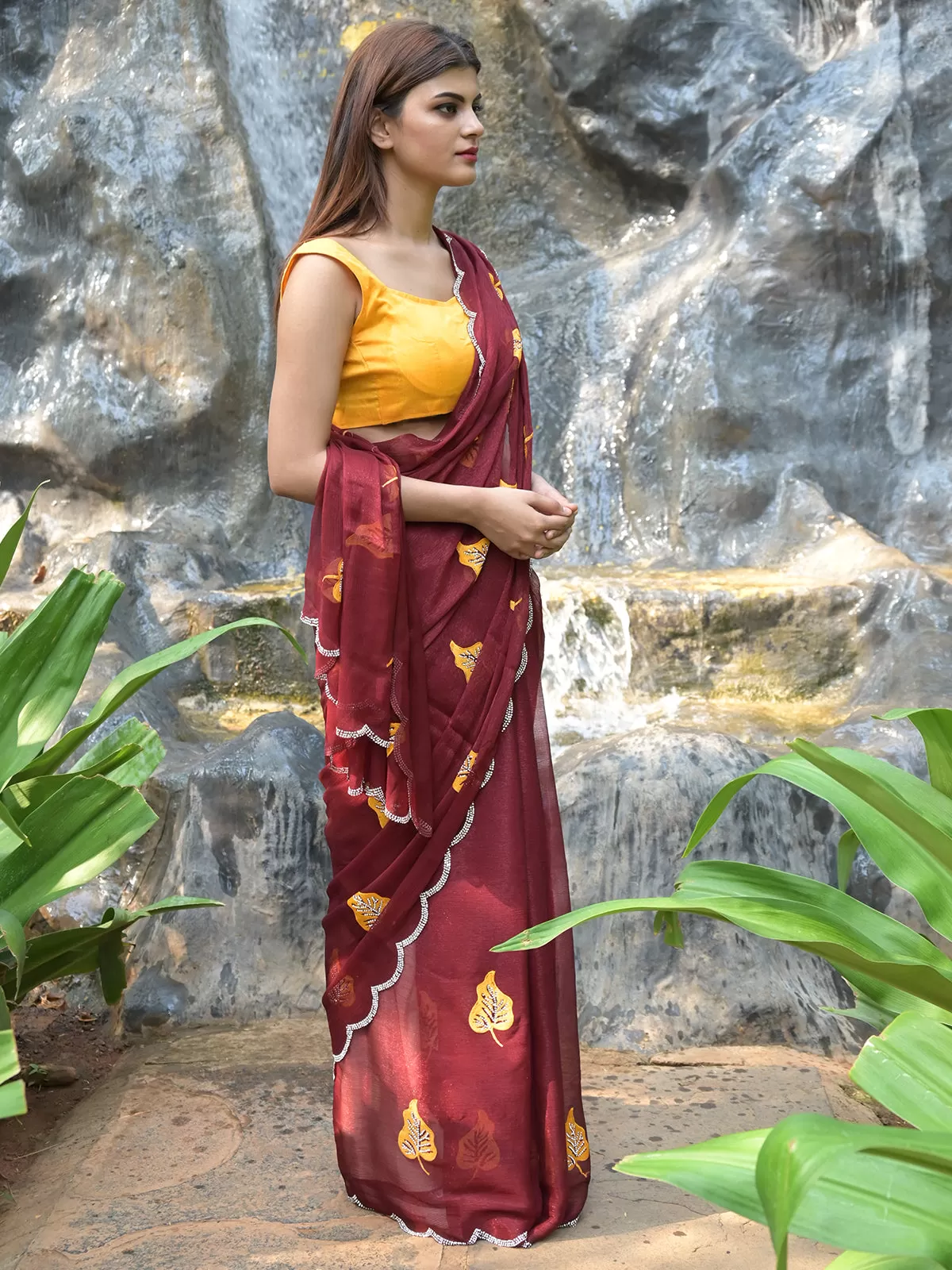 Odette Maroon Embroidered Chiffon Silk Saree with Unstitched Blouse for Women